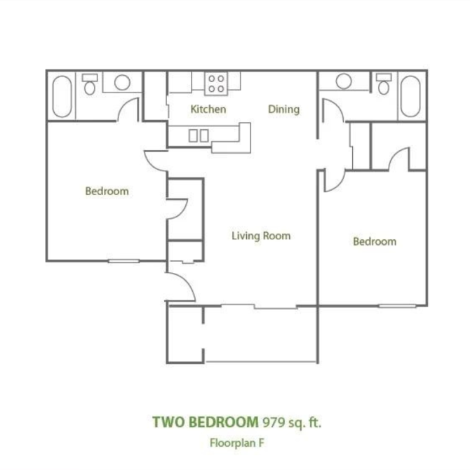 Floor plan for 2 beds, 2 baths, 972 sqft